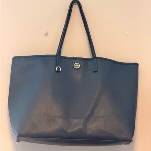 Tory Burch Black Leather Tote with Logo Medallion